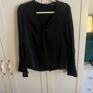 Aritzia 100% silk black blouse with bell sleeves and button front